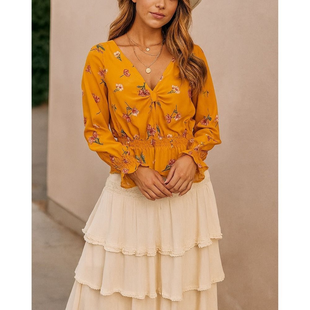 H&M Womens Yellow Floral Puff Sleeve Knot Cinched Detailed Top sz 12 Boho Dainty